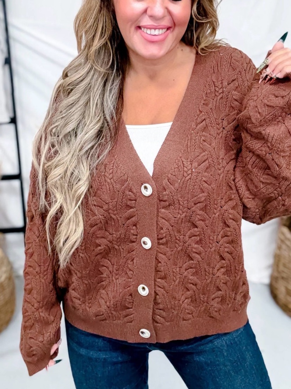 NWOT White Birch Boutique Brown stretch knit button front cardigan L